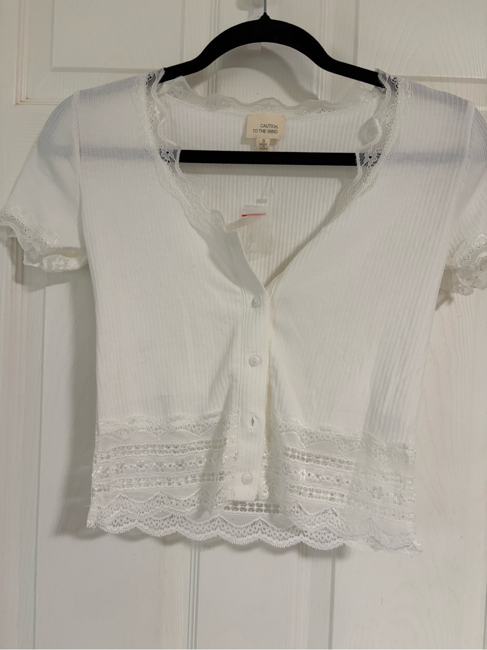 Caution To The Wind White Lace-Trim Ribbed Button Front Top